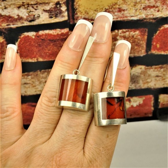 UNIQUE MODERNIST BIG AMBER STERLING DANGLE EARRINGS, GIFT FOR WOMEN - Picture 5 of 11